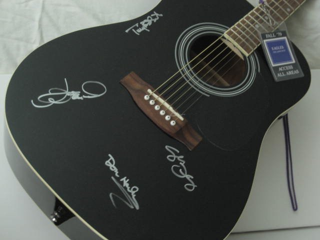 The EAGLES Rare Signed GUITAR With BS Pass !: SIGNED THE EAGLES BAND MEMBERS WONDERFUL GUITAR !! JOE WALSH, TIMOTHY B SCHMIT, DON HENLEY, AND GLENN FREY. IN BOLD SILVER INK !! THE EAGLES UNUSED BACKSTAGE ALL ACCESS PASS .