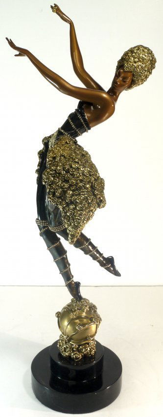 Erte Rose Dancer Original Ltd Ed Bronze COA: ERTE ROSE DANCER ORIGINAL LTD. ED. 348/375 . BRONZE SCULPTURE, SIGNED, PATINATION, GOLD LEAF ACCENTS, HAND POLISHED EMBELLISHMENTS, 25.5 X 7.5 X 7, MINT CONDITION, 1988 CHALKS AND VERMILLION AND SEVEN