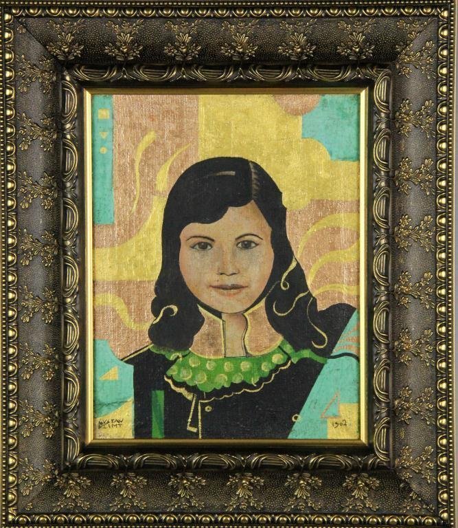 Attrib To Gustav Klimt Oil Gold Leaf On Canvas 1902: Rare "Portrait of a Young Girl", mounted on old jute cloth board, attributed signed LL by Gustav Klimt, Austrian, 1862 - 1918, LR 1902. 15.25" H x 11.75" W sight, 23.25" H x 20.25" W. Very well framed