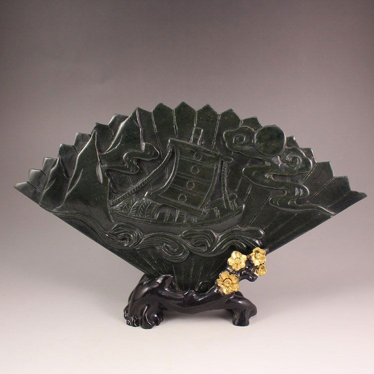 Chinese Natural Deep Green Hetian Jade Fan Shaped Qing (1 of 5)