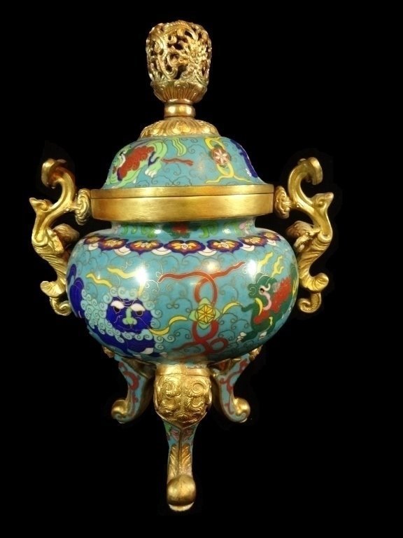 EXQUISITE CHINESE CLOISONNE ROUND QING DYNASTY CENSER (1 of 7)