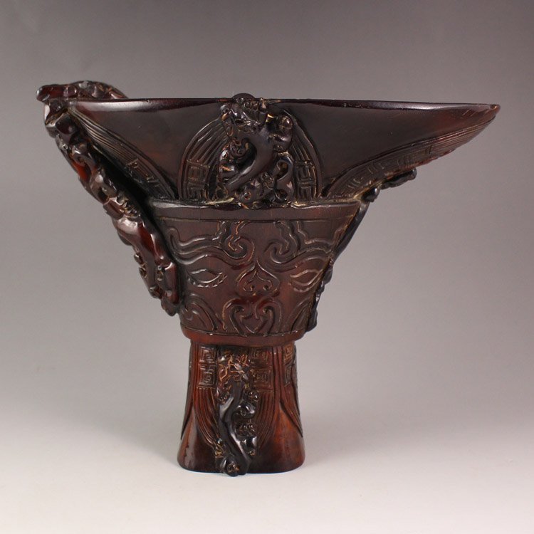 Huge Pair Rhinoceros Horn Sacrifice Cup Chi/Dragons (1 of 10)