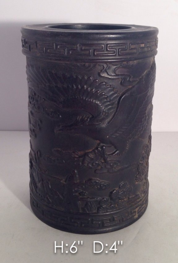 Antique Fine Qing Dynasty Carved Zitan Wood Brush Pot (1 of 3)