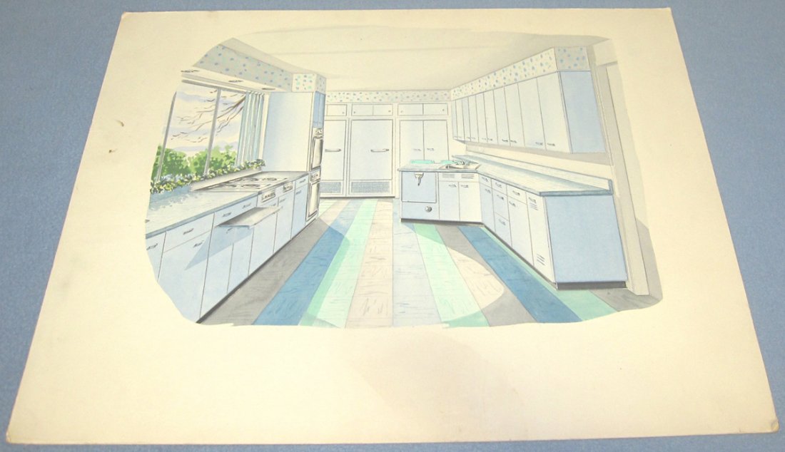 Designer's Watercolor Rendering of Mid-Century Kitchen: This vintage watercolor rendering of a "modern kitchen" design, circa 1950s, was made by an interior designer/decorator named Sherr. It was presumably presented to Sherr's client in order to: a) show