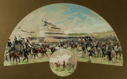 "DERBY DAY" by John Beer (British, 1860Ð1930): Watercolor, gouache, 14" x 22" Signed, inscribed