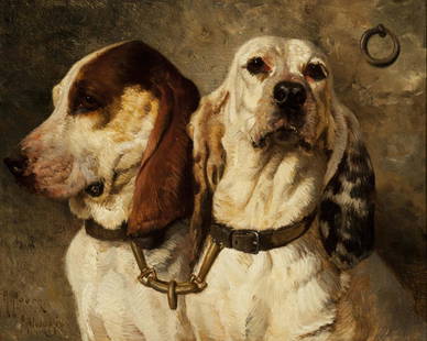 BEAR DOGS by Henry Rankin Poore (American, 1859-1940): Oil on canvas, 12" x 15" Signed, inscribed Provenance: The Sporting Gallery, Middleburg, Virginia To be accompanied with an original Winchester Rifles advertisement measuring 32" x 42"