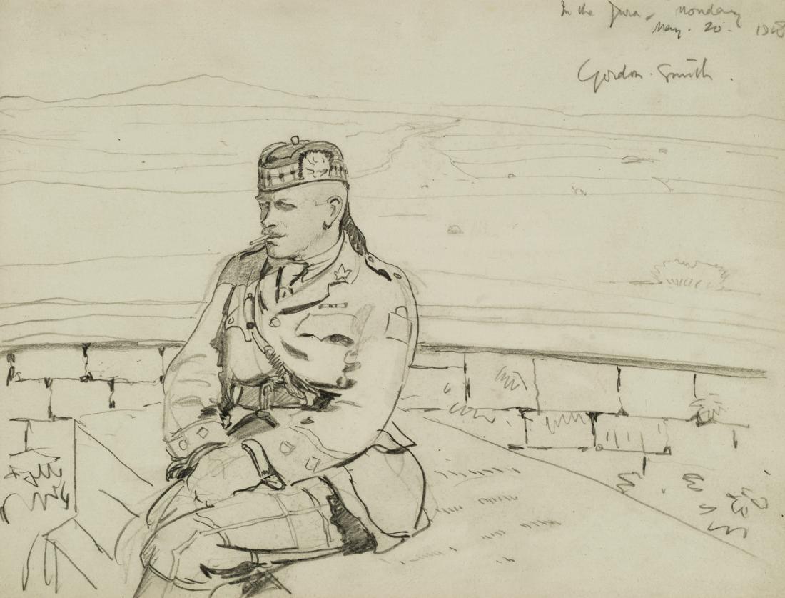CANADIAN OFFICER by Sir Alfred James Munnings: Sir Alfred Munnings Graphite, 8 3/4" x 11 1/2" Dated May 20, 1918, inscribed: "In the Jura, Monday, May 20, 1918 Gordon Smith" Provenance: Frost & Reed, London Gordon Smith was a war correspondent who