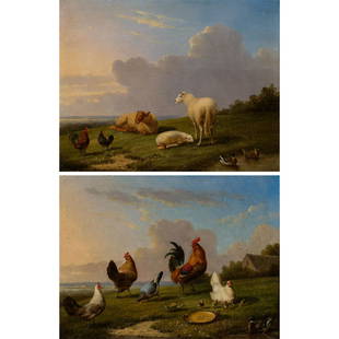 Franz van Severdonck - Sheep with Chickens & Mallards: Franz van Severdonck Belgian, 1809-1889 Sheep with Chickens & Mallards' & 'Chickens with Mallards' (a pair) Oil on board Signed, dated 1886, & inscribed en verso Provenance: Margaret Ware