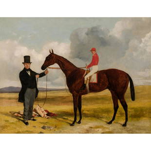 Harry Hall - A Trainer Holding a Bay Racehorse, Jockey: Harry Hall British, 1814-1882 A Trainer Holding a Bay Racehorse, Jockey Up at Newmarket Oil on canvas Signed & dated 1849 This piece, executed by the artist in 1849, is believed to be a