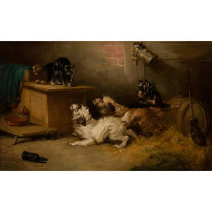 George Armfield - Antagonizing the Barn Cat: George Armfield British, 1808-1893 Antagonizing the Barn Cat Oil on canvas