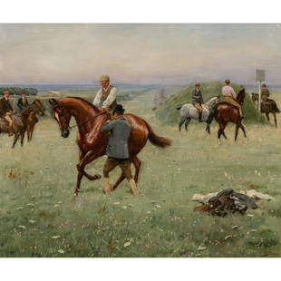 Godfrey Douglas Giles - Captain Machall Training his: Godfrey Douglas Giles British, 1857-1941 Captain Machall Training his String, Devil's Dyke, Newmarket Oil on board Signed, dated 1896 Devil's Dyke, also known as "Devil's Ditch" or simply "The