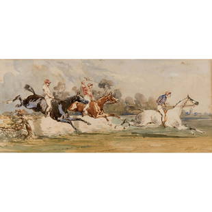 Alfred de Dreux - The Steeplechase: Alfred de Dreux French, 1810-1860 The Steeplechase Watercolor Signed