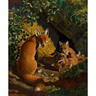 Charles Frederick Tunnicliffe - Fox Family, Mother &: Charles Frederick Tunnicliffe British, 1901-1979 Fox Family, Mother & Cubs Oil on canvas Signed