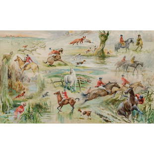 John Beer - Fox Hunting Vignettes: John Beer British, 1860-1930 Fox Hunting Vignettes Watercolor Signed