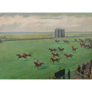 Franck Elim - The Cambridgeshire Handicap, 1947: Franck Elim French, 19th/20th Century The Cambridgeshire Handicap, 1947 Oil on canvas Signed & dated 1947 First run in 1839 and taking place on the Rowley Mile at Newmarket, the Cambridgeshire