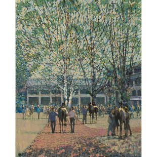 Peter Howell - Saddling Area, Keeneland, Breeders: Peter Howell British, b. 1932 Saddling Area, Keeneland, Breeders' Cup 2020 Oil on canvas Signed, dated & inscribed en verso This work appears on the Fall 2020 Keeneland magazine cover. A copy