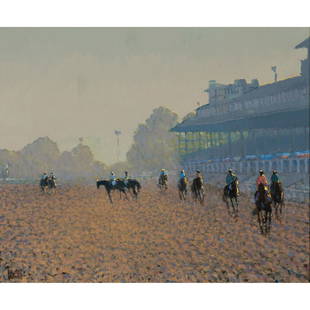 Peter Howell - Early Morning on the Track, Keeneland,: Peter Howell British, b. 1932 Early Morning on the Track, Keeneland, Breeders' Cup 2020 Oil on canvas Signed & inscribed en verso The two paintings represent a union of some of the icons of Thoroughbr