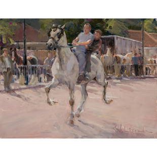 Susie Whitcombe - Trotting on the Grey, Wickham Horse: Susie Whitcombe British, b. 1957 Trotting on the Grey, Wickham Horse Fair Oil on board Signed & inscribed en verso Notable as the birthplace of William of Wykeham, the founder of Winchester