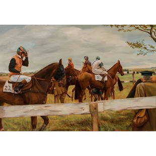 Brian Whiteside - In the Saddling Paddocks: Brian Whiteside British, b. 1934 In the Saddling Paddocks Oil on board Signed, dated 1980