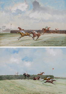 John Beer - The Grand National, 1915, At the 5th Fence: John Beer - British, 1860-1930 The Grand National, 1915, At the 5th Fence & The Grand National, 1915, At the Last Jump (a pair) Watercolor 10" x 14" (each) Signed, inscribed as titled and with horse's