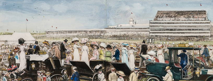 John Strickland Goodall - EDWARDIAN SEASON, DERBY DAY AT EPSOM: Watercolor Signed.Exhibited: No. 10, John Strickland Goodall Exhibition, July 1985. Christopher Wood Gallery, London.John Strickland Goodall(British, 1908-1996)