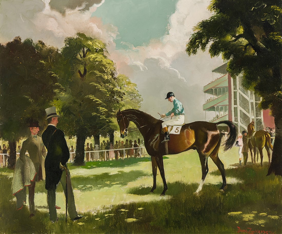 Doris Clare Zinkeisen - ROYAL ASCOT, BERKSHIRE: Oil on canvas Signed.Doris Clare Zinkeisen(British, 1897-1991)Born in Clynder House in Rosneath, Argyll, Scotland, Zinkeisen attended the Harrow School of Art for four years. During the 1920s and '30s
