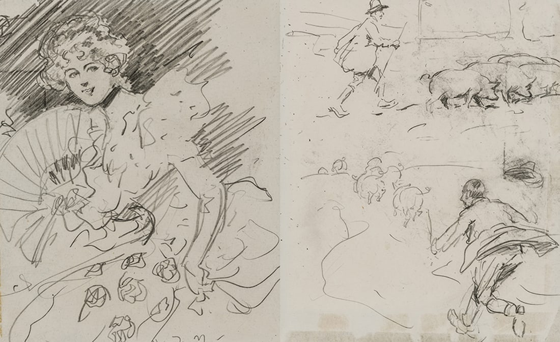 Sir Alfred James Munnings - PORTRAIT OF A LADY, SKETCH OF FARMERS AND HOGS (double-sided): Pencil Initialed.Sir Alfred James Munnings(British, 1878-1959)One of the two great masters of sporting art along with George Stubbs, Munnings began as an illustrator after attending art school in Norw