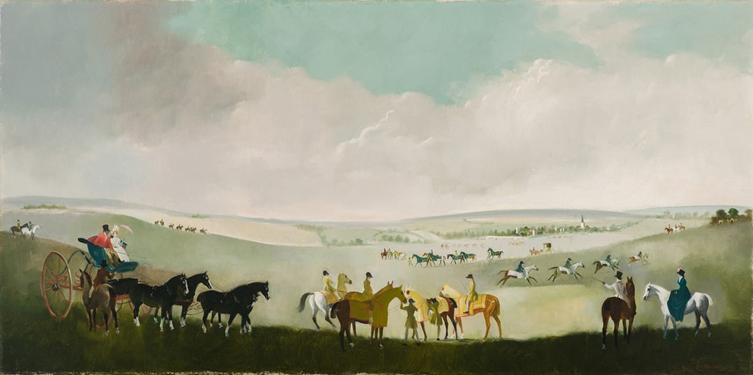 Doris Clare Zinkeisen - Newmarket Heath: Doris Clare Zinkeisen Newmarket Heath Oil on canvas 20 x 40 in Signed. Horse Racing, Horse Portrait, Polo, Steeplechase, Fox Hunting, Shooting, Fishing, Horse Oil, Wildlife, Western, Thoroughbred Art