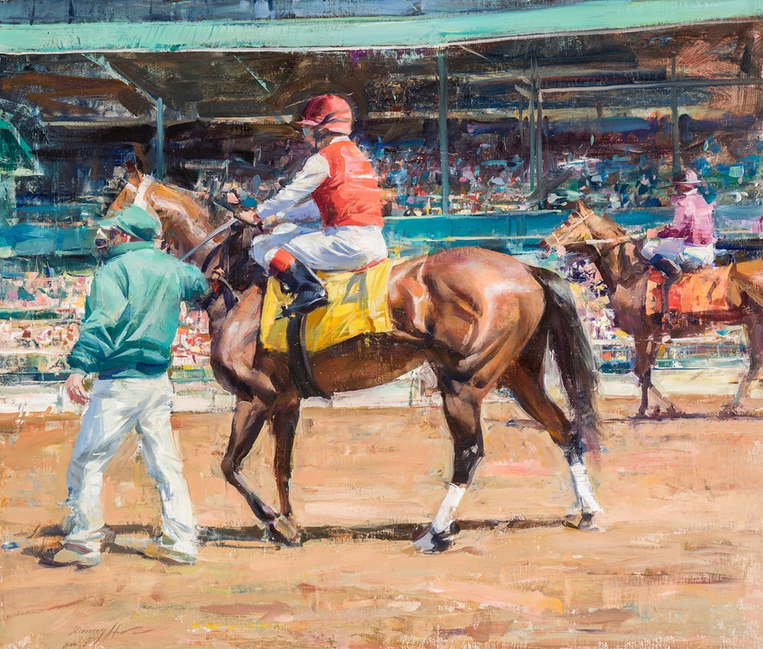 Quang Ho - To the Start: Quang Ho To the Start Oil on Board 23 x 27 in Signed, inscribed and dated 2024 verso. “The movement and colors of the horses and riders as they approach the gate. I can feel the tension and anticipa