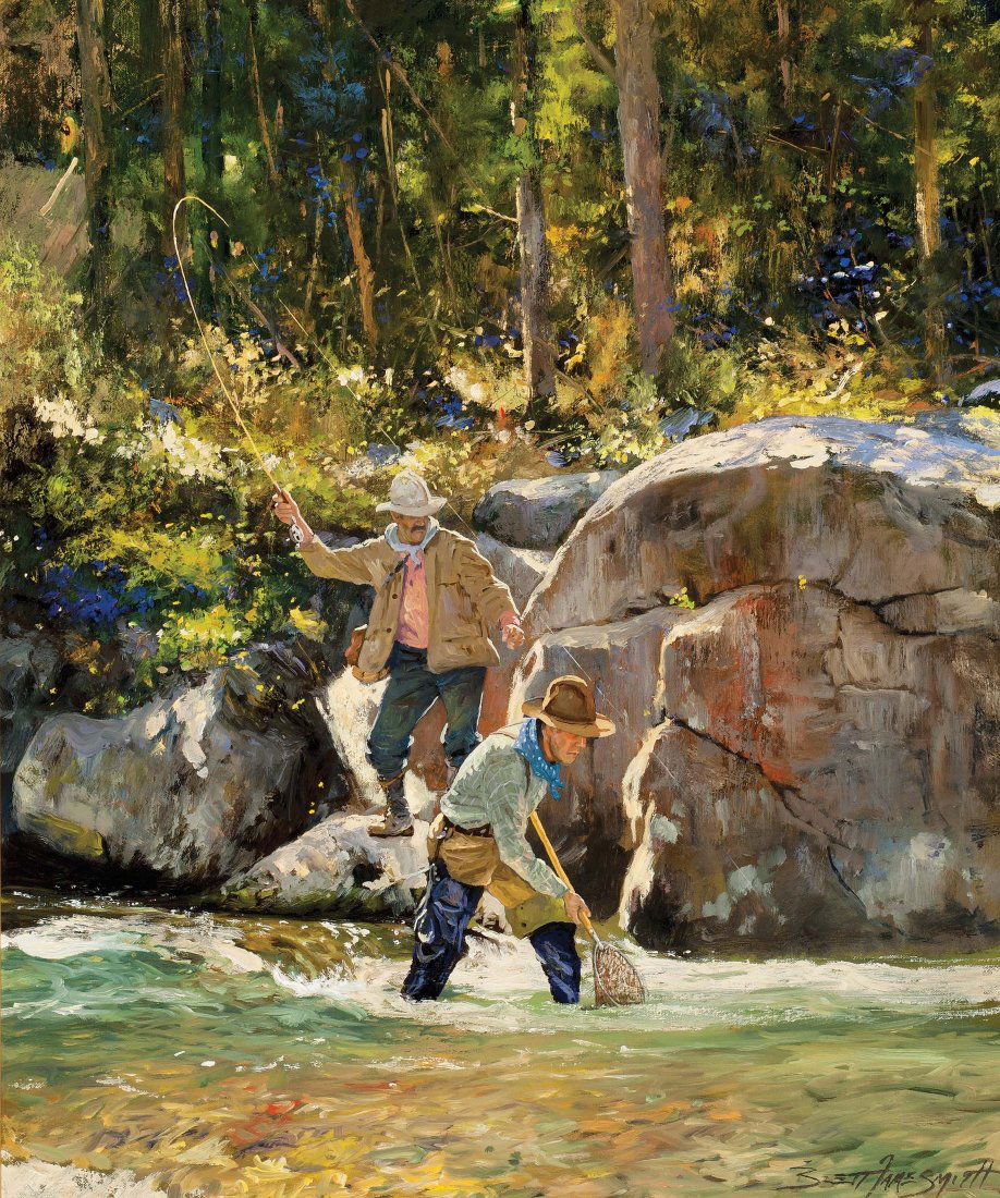 Smith, Brett James - Big Rock Pool: Brett James Smith (American, born 1958) BIG ROCK POOL Oil on canvas, 24" x 20" Signed A lifelong sportsman, Smith is often in Montana fishing much like the subjects depicted in this Lot. This scene de