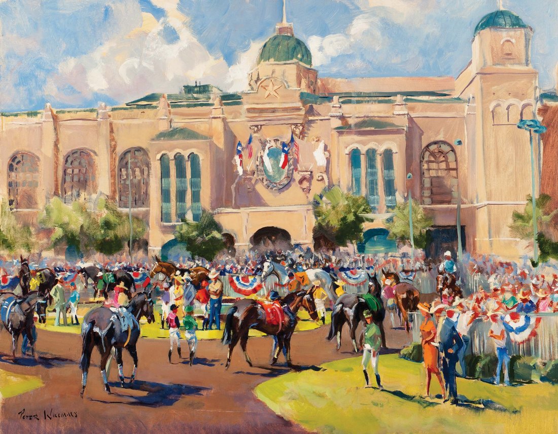 Williams, Peter - Lone Star: Peter Williams (New Zealand/American, born 1934) LONE STAR Oil on canvas, 24" x 30" Signed Home to both Thoroughbred and Quarter Horse racing, Lone Star Park opened in 1997. In 2004 the track served a