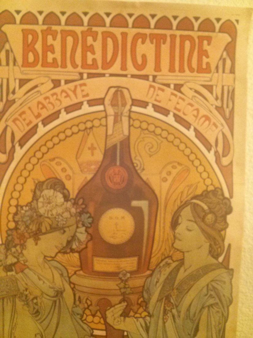 Vintage Litho. Benedictine liquor Ad by Alphonse Mucha: Rare Vintage Benedictine liquor Ad by Alphonse Mucha. On off white paper thick paper, textured feel. Please view photo close ups. Measures 9.5”L x 26 ¼”H. Labeled: Imprimeri De La Benedictine Pri
