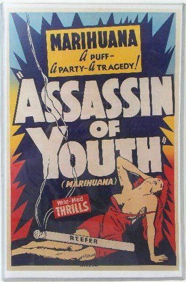 1930’s Marihuana Assassin Of Youth Movie Card/ Poster: 1930’s Marihuana Assassin Of Youth poster, marked “Woolever Press Los Angeles” at the lower corner. This poster will be received in a plastic sleeve. (17”H x 11”W) Important Added Info: Note