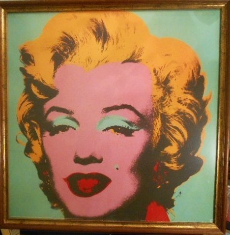 Andy Warhol, Marilyn Pop Art lithograph American Series: Andy Warhol Pop Art Print Marilyn Monroe Celebrity Portraiture Garish this print is framed. Wooden Frame Antiqued trim. Day Glow Minty Green Yellow Red Purple. Acid colors. Mole. 1967 Screen Print fro