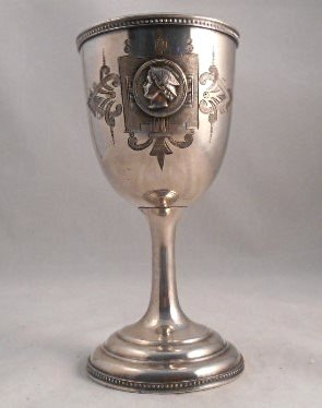 Meriden Victorian Silver Goblet with Mercury Head Medal: Early MERIDEN B Victorian Silver Plate Goblet Chalice w Mercury Head Medal VGC. #95 In front center of goblet an applied medallion that depicts the head of the Roman God \'Mercury\' in a winged helmet