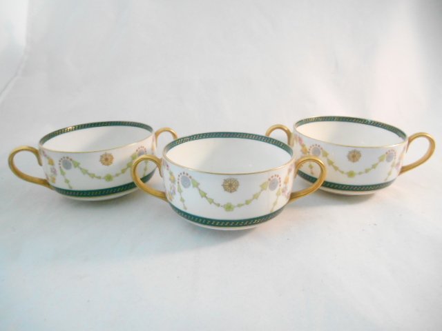 Mermod & Jaccard set of 3 Limoges double handle cup: Mermod & Jaccard, St. Louis gold gilded, Set 3 Limoges France 2 Handle Cups/Bowls, Mermod & Jaccard, measures 3 1/2"diameter x 2" tall