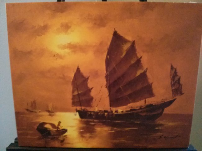 Original Oil Painting Japanese Ships: Vintage unframed Original Oil painting of Japanese ships. This painting is awash with sunset colors of Yellow, oranges and browns. This painting is signed by artist S. Monnet in lower right hand corne
