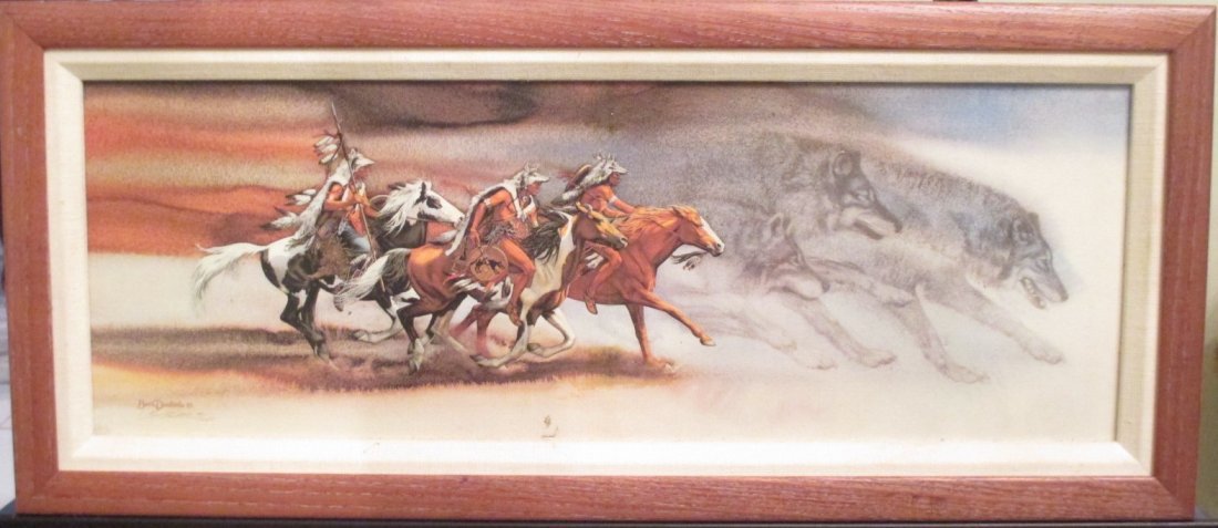 Bev Doolittle 44/2650 "Wolves of the Crow" Serigraph: Bev Doolittle 44/2650 "Wolves of the Crow" Serigraph on canvas. Professionally framed in a wood frame. In frame measures 9" x 21"