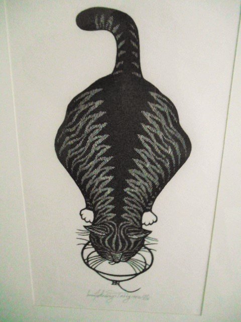 Jacques Hnizdovsky (1915-1985) "Tabby` Cat 1982: Jacques Hnizdovsky (1915-1985)Limited Edition "Tabby` Cat 1982 woodcut Framed, signed, and numbered. Written in pencil: Artist's signature"Tabby, 1982, 156/250 Dimensions:Frame: 14.25" x 18.25"; Print