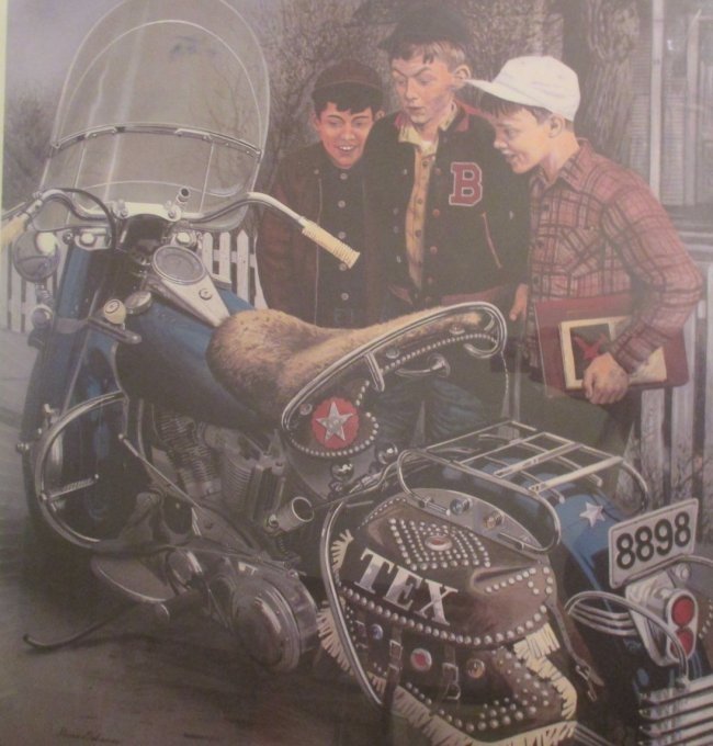 Stevan Dehanos"Tex's Motorcycle" Original Lithograph LE: Stevan Dehanos Harley Fine Art " Tex's Motorcycle " Original Lithograph, Signed in Pencil and number of:#700/2500 by Stevan Dehanos. Published by Curtis Publishing Co. approx. 39.5"x29.5 w/frame plexi