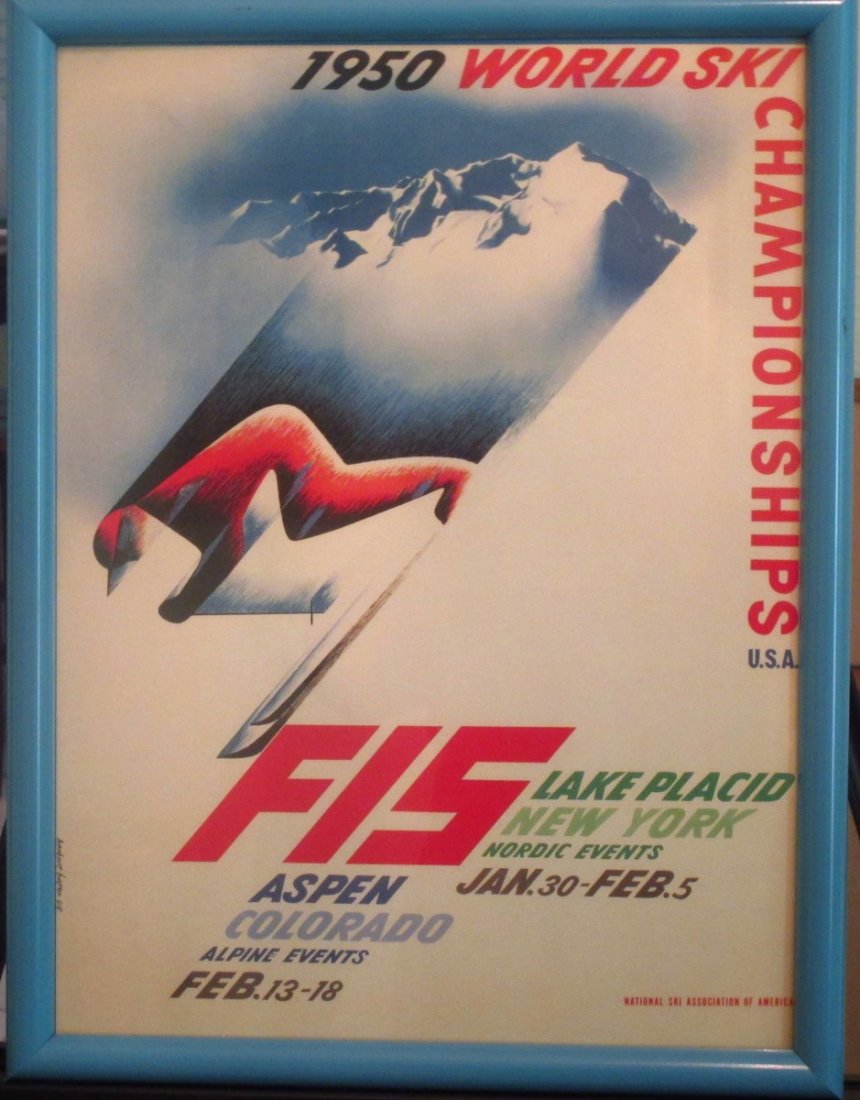Herbert Bayer Signed 1950 World Ski Championships Litho: Vintage, Herbert Bayer's "1950 World Ski Championships" Lithograph. This lithograph is signed in plate at the bottom left in corner by Herbert Bayer's and dated "49" next to signature. This vintage li