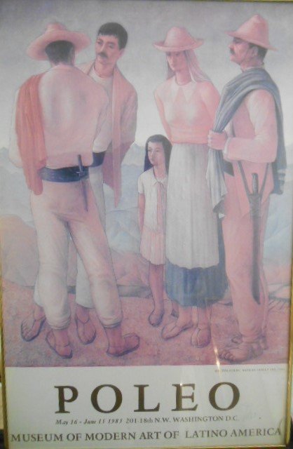Hector POLEO Exhibit lithograph poster Signed: Hector POLEO, Andean Family lithograph poster signed in pen by Poleo in lower right and also in plate. Poster is professionally framed, mounted in an aluminum frame behind glass and has a Wire for han