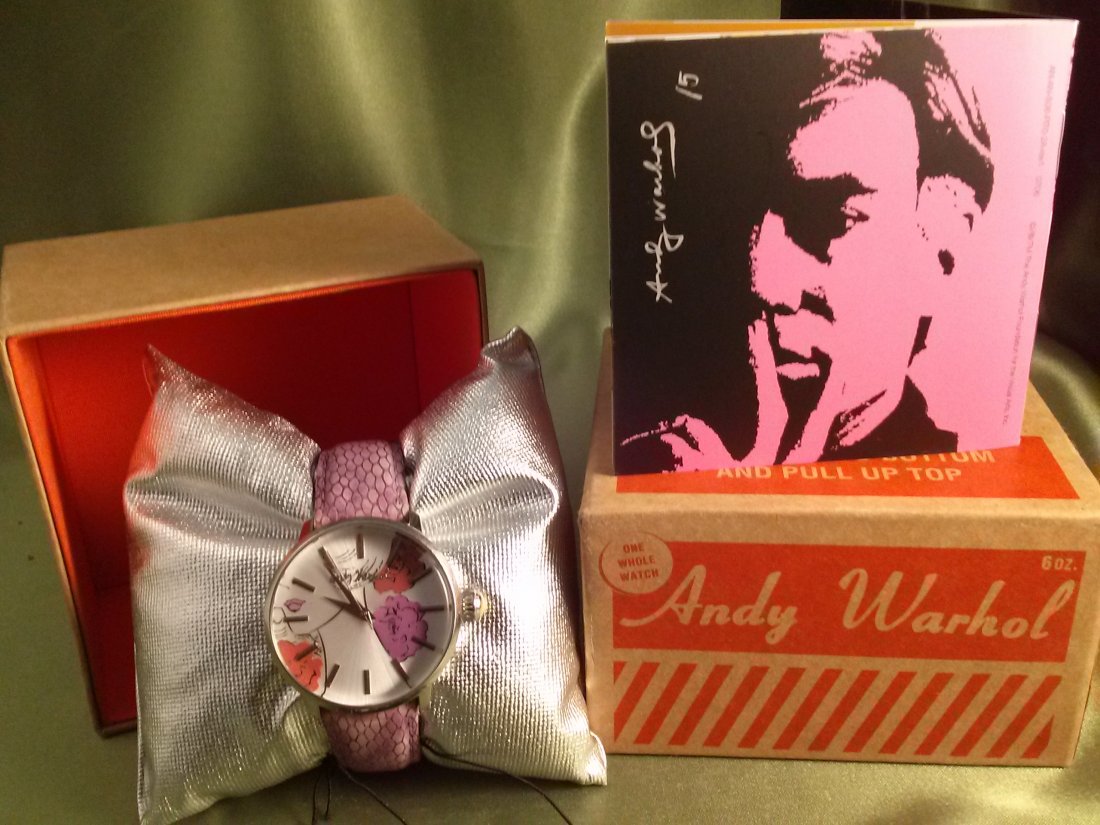 Andy Warhol Designer Branded Pop Art Watch Limited Ed.: Andy Warhol Designer Branded POP ART Watch, Andy Warhol logo signature signed in face of watch and on back of watch. Everybody Must have a fantasy design. Japan Movement, with Leather / Stainless Stee