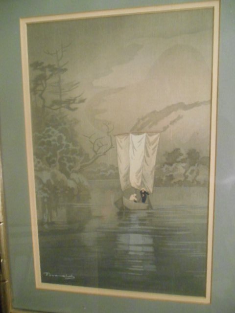 Terauchi Woodblock 20th Century Original Print: Terauchi Vintage Japanese Woodblock Print Boating W/ Sail. This vintage woodblock print is of 2 people boating on a river with a sail. This is good quality print that has also been touched with a rich