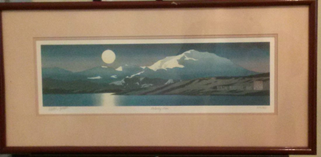 Byron Birdsall (1947-)“McKinley Moon” numbered/signed: Byron Birdsall (1947- )1986 “McKinley Moon”, numbered 884/950. Birdsall is an accomplished Alaskan watercolorist. Measures 27 1/4" x 13 1/4", with frame. Print alone measures approximately 19 1/2"