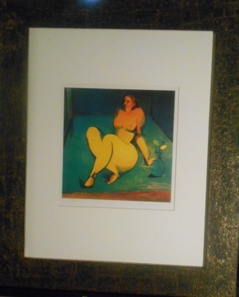 Zheng Lu Original Lithograph Limited Ed. 3/500 signed: Zheng Lu Original Lithograph Limited Edition, Numbered 3/500 and signed by Zheng Lu. Depicts a Nude woman reclining on the floor. Color print on paper, Professionally matted and framed under glass. Ab