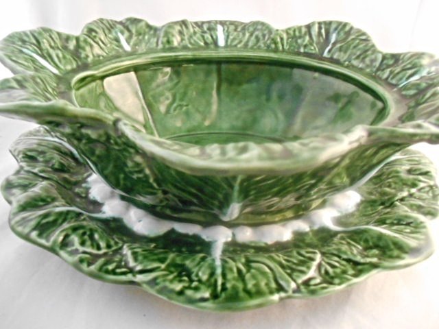 Alvaro Jose Marked Portugal Majolica Cabbage Dish: Rare Alvaro Jose, Portugal Large Porcelain Majolica Cabbage Dish. Highly detailed, Bold and beautiful colors, bowl measures 13"W x 10 1/2"L x 5"D Plate measures 13 1/2" x 11 1/2"Signed by Alvaro Jose 