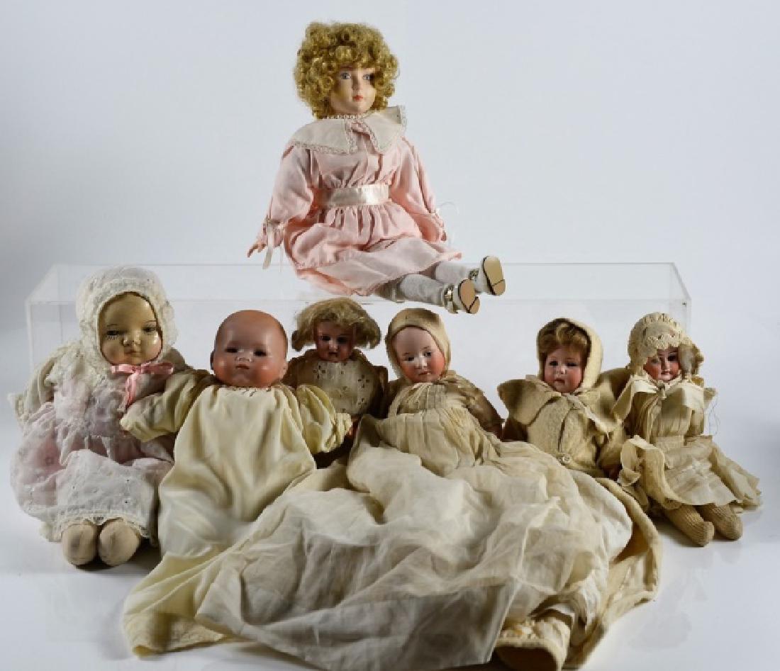 SEVEN VINTAGE & ANTIQUE DOLLS: Including Armand Marseille, porcelain head and resin.