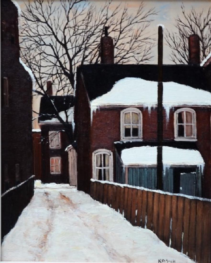 JOHN KASYN (Canadian, 1926-2008): Lane to Augusta St. Oil on masonite. Signed lower right. Artist's label on verso. Unframed: 9 x 11 in. (22.8 x 27.9 cm.)
