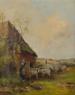 WILLEM GEORGE FREDERIK JANSEN (Dutch, 1871-1949): Returning to the Fold Oil on canvas Signed lower left 16.5 x 13.5 in. Dated to name plate 1870 Partial T. Eaton Co.to frame verso